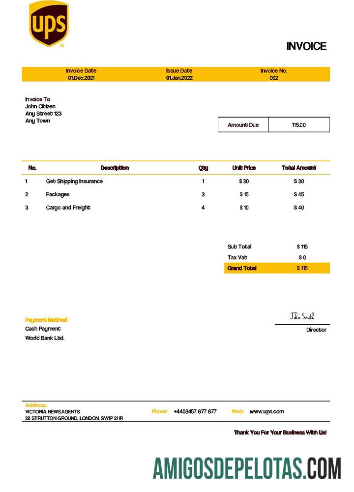 em branco Modelo de fatura UPS dos EUA